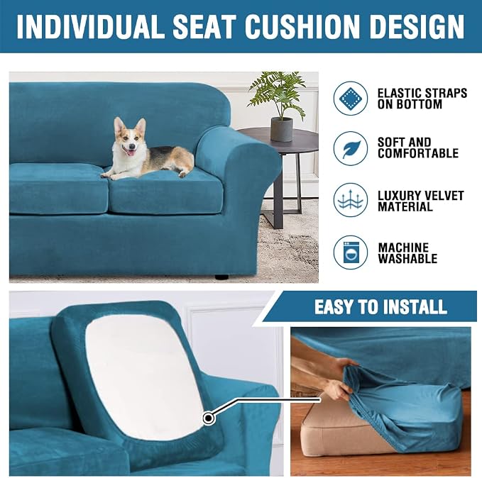 H.VERSAILTEX Real Velvet Plush 3 Piece Stretch Sofa Covers Couch Covers for 2 Cushion Couch Sofa Slipcovers Width Up to 90 Inch Feature Thick Soft Stay in Place (Large Sofa, Peacock Blue) - Image 5