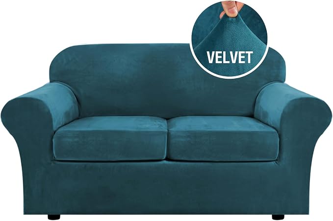 H.VERSAILTEX Real Velvet Plush 3 Piece Stretch Sofa Covers Couch Covers for 2 Cushion Couch Loveseat Covers Width Up to 72 Inch Feature Thick Soft Stay in Place (Medium Sofa, Deep Teal) by HVERSAILTEX