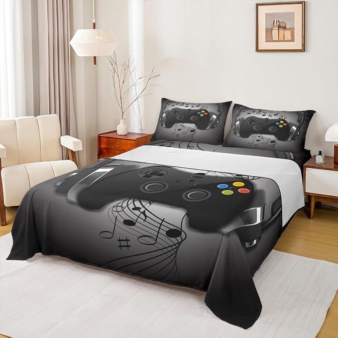 Gamer Sheet Set Black Grey Headphones Musical Notes Design Gaming Bed Sheet Sets for Kids Boys Video Game Room Decor Retro Playing Gamepad Fitted Sheet,Gaming Controller Flat Sheet - 4 Pcs King Size by Erosebridal