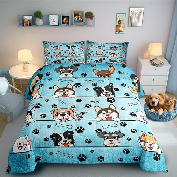 Manfei Cute Dog Comforter Set for Kids Room Decor Cartoon Puppy Pet Animals Bedding Comforter Queen Size Black Paw Print Blue Soft Polyester Quilt Set with 2 Pillowcases by Manfei