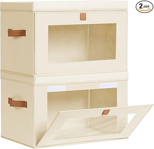 Homsorout Large Closet Storage Organizer - Clothes Storage Bins with Handles & Window, Collapsible Decorative Boxes with Lids, Fabric Containers for Living Room, Dorm, 2 Pack, Beige by Homsorout