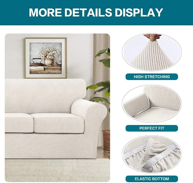 Turquoize 4 Piece Sofa Covers for 3 Cushion Couch Sofa Slipcover Soft Couch Cover for Dogs-Washable Sofa Furniture Covers with 3 Individual Cushion Covers, Jacquard Fabric (3 Cushion Sofa, Ivory) - Image 4