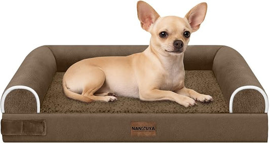 NANUYA Orthopedic Dog Bed for Small Dogs, 24 x 16 Inch, Dark Coffee | Egg crate foam for joint support, 3-sided bolster pet sofa, waterproof lining, washable cover, and non-skid base by Nanuya