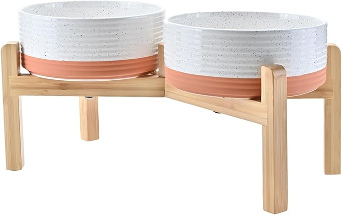 SPUNKYJUNKY Elevated Dog Bowls Ceramic, 7.3'' Dogs Food Water Bowls Raised with Non-Slip Bamboo Stand for Medium to Large Sized Breed Microwave Dishwasher Safe - 42 OZ,Pattern White by SPUNKYJUNKY