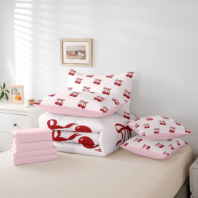 Erosebridal 7 Piece Cherry Bows Kids Comforter Set King Bed in a Bag,Dreamy Princess Style Bedding Set for Girls Women,Girly Red Cherries Bowknot Sheet Set,Cartoon Bow Tie Duvet Insert - Image 6