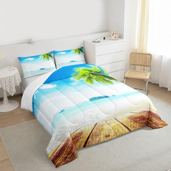 Beach Comforter Set Queen Size Ocean Bedding Set Tropical Palm Tree Hawaii Ocean Duvet Set Sunny Beach Coastal Nature Theme Duvet Set Sea Wave Mountain Brown Wooden Comforter Set 2 Pillowcases, Blue - Image 3