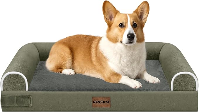 NANUYA Orthopedic Dog Bed for Medium Dogs, 30 x 20 Inch, Dark Green | Egg crate foam for joint support, 3-sided bolster pet sofa, waterproof lining, washable cover, and non-skid base by Nanuya