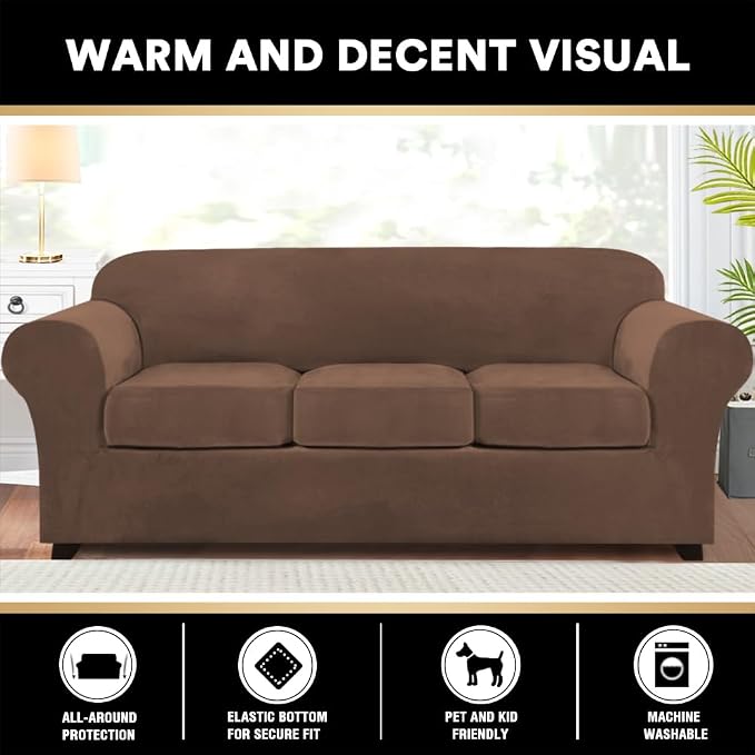 PrinceDeco Velvet Couch Covers for Sofa Soft 4 Pieces Couch Covers for 3 Cushion Couch Sofa Pet Friendly Furniture Protector with Non Slip Elastic Bottom Width Up to 90 Inch (Large, Caramel) - Image 6