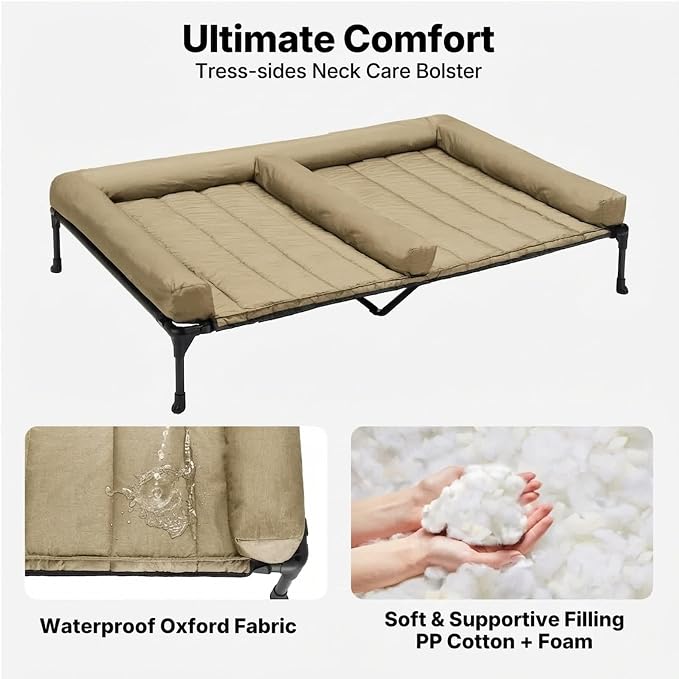 Veehoo Elevated Dog Bed for Two Dogs, Cooling Raised Dog Bed with Removable Waterproof Bolster Mat, 49" x 33" Double Dog Bed, Outdoor & Indoor Pet Cot with Breathable Mesh, Non-Slip Feet, Beige - Image 3