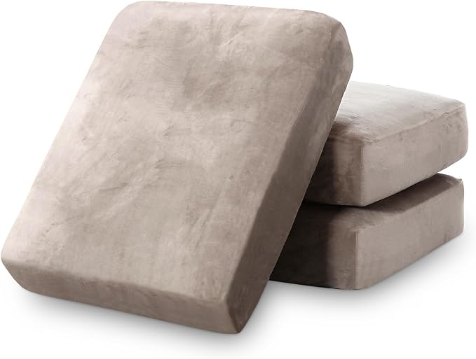 PrinceDeco Velvet Stretch Couch Cushion Cover, Sofa Slip Covers for 3 Seat Cushion Couch Chair Loveseat Sofa Cushion Furniture Protector Cushion Sofa Cover Each Width Up to 29.5", Oatmeal by PrinceDeco