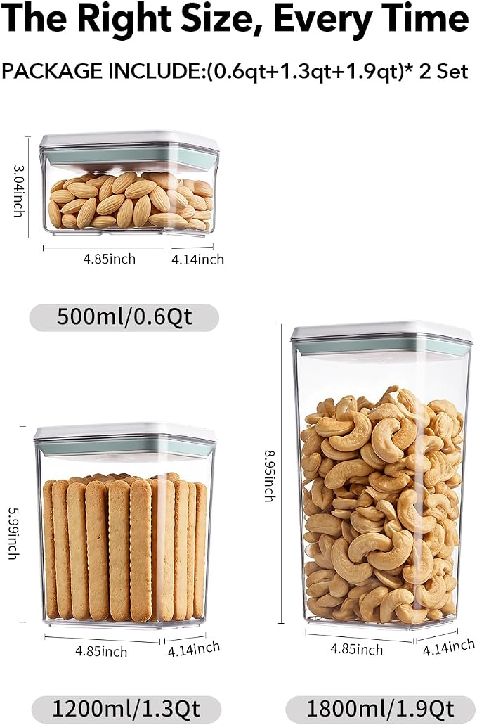 Airtight Food Storage Containers Set with One-Touch Lid, 6-Piece Multi-Size Set (0.6, 1.3, 1.9Qt)*2 Stackable Durable PET for Flour, Cereal, Snacks & Complete Pantry Organization - Image 6
