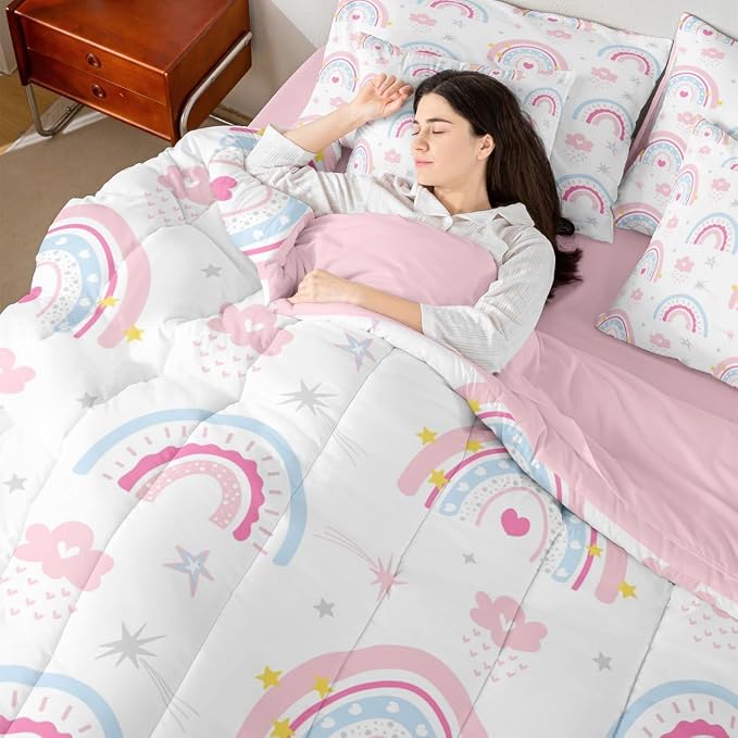 Feelyou Cute Rainbow 7 Piece Bedding Set Pink Blue Comforter Set with Sheets for Kids Boys Girls Star Print Bed in a Bag Cartoon Cute Bed Set Soft Lightweight - Image 7