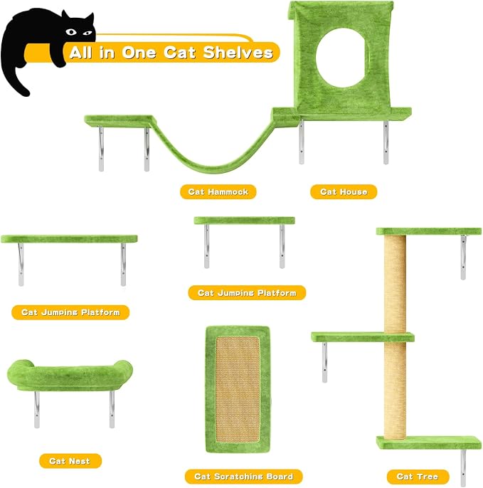Wall Mounted Cat Climber Set, 6 Pcs Cat Furniture Set | with House, Bridge, Steps, Scratcher Board and Hammock, Shelves for Indoor, Luxury Walls Furniture, Light Green - Image 6