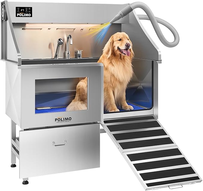POLIMO Dog Washing Station with Built-in Pet Dryer and LED Display 50" (Right Ramp), 304 Stainless Steel Dog Bathtub for Large Medium Small Dogs, Wash and Dry Grooming Tub with Faucet, Storage Drawer by BathTimeMadeEasy