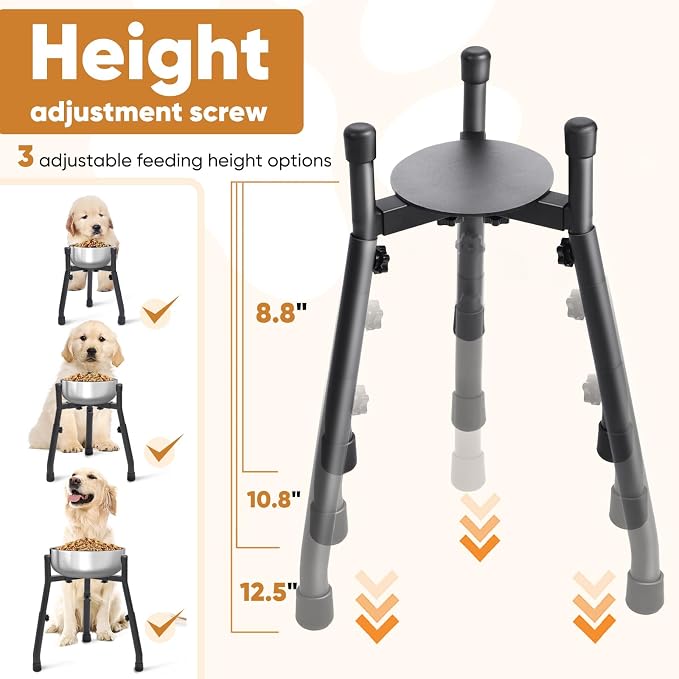 Adjustable Raised Metal Dog Bowl Stand, 3 Heights, Bowl Not Included | Adjustable 6.3-10.2 Inch Width, Heights of 8.8, 10.8 and 12.5 Inches, Fits Medium and Large Dogs, 1 Pack - Image 4