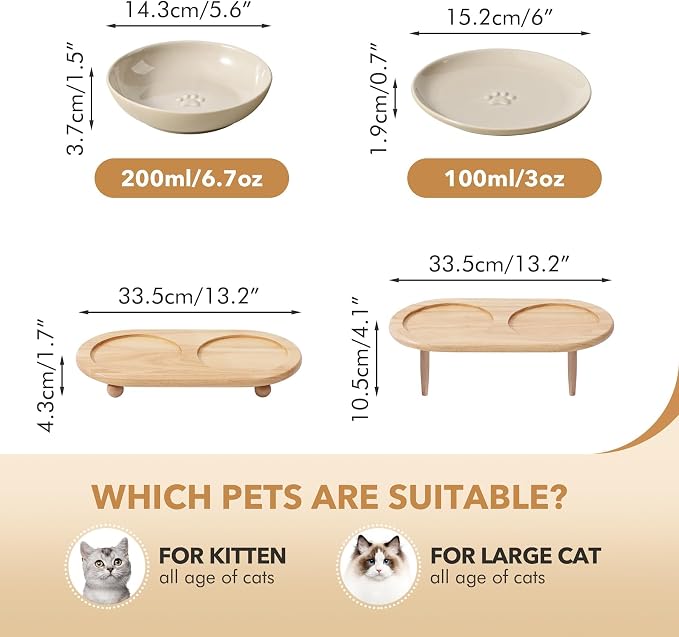 Havniva Elevated Cat Bowls, Raised Ceramic Cat Bowl with Stand, Two Heights | Cat Food & Water Bowl Set, Whisker Friendly, 5.6” Raised Cat Dishes + 6” Shallow Cat Plates, Non-slip Wood Stand, Kitten Bowl - Image 2