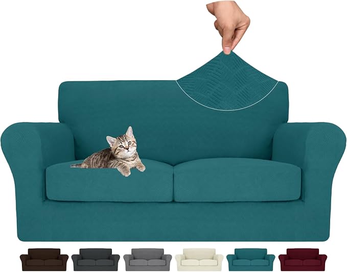 MAXIJIN 3 Piece Couch Covers for 2 Cushion Couch loveseat Cover, Stretch Love Seat Sofa Slipcovers for Dogs Pet, Thick Furniture Protector with 2 Seat Cushion (55"-69", Teal) by MAXIJIN