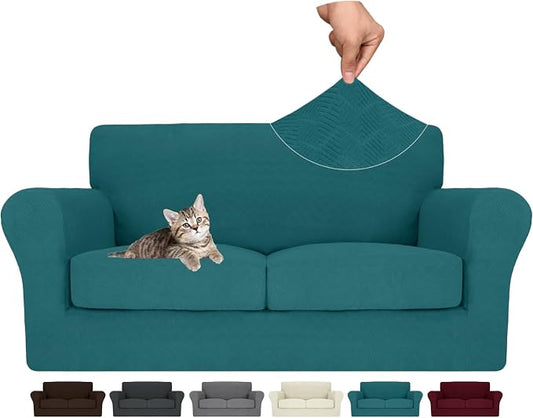 MAXIJIN 3 Piece Couch Covers for 2 Cushion Couch loveseat Cover, Stretch Love Seat Sofa Slipcovers for Dogs Pet, Thick Furniture Protector with 2 Seat Cushion (55"-69", Teal) by MAXIJIN