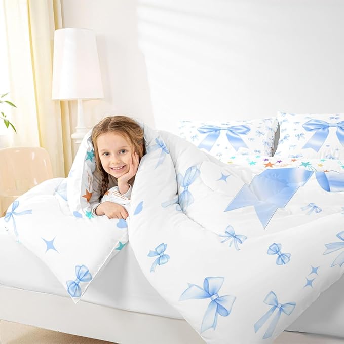 Manfei Blue Bow Kids Comforter Set,Kawaii Princess Style Down Alternative Adults Bedroom Decor,Cute Ribbon Bowknot Ultra Soft Microfiber Inner Fill 3Pcs Bedding Queen Size - Image 4