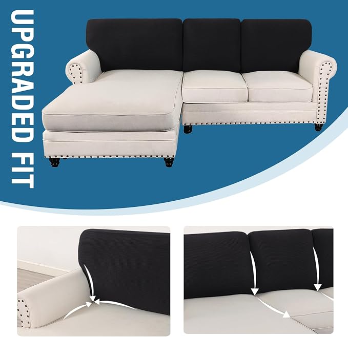 H.VERSAILTEX Backrest Cushion Covers Sectional Couch Back Cushion Covers for Sectional Sofa Set for Both Left/Right Couch (Back Only: 1 Chaise + 2 Sofa, Black) - Image 7