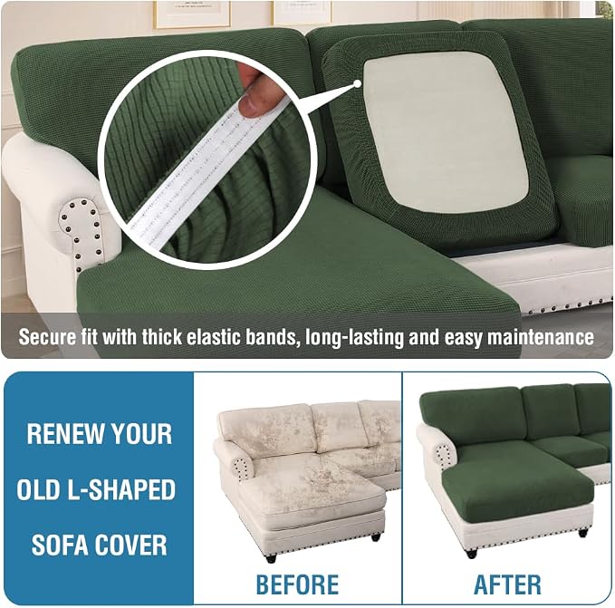 H.VERSAILTEX Sectional Couch Covers 6 Pieces Stretch Sofa Cover for Sectional Sofa Set Separate L Shaped Couch Cover for Both Left/Right Couch (Seat and Back: 1 Chaise + 2 Sofa, Bronze Green) - Image 6