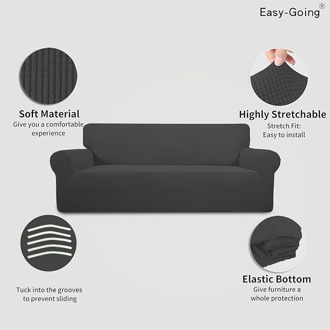 Easy-Going Stretch Couch Covers for Sofa Washable Large Dark Gray | 1-Piece Sofa Covers for 3 Cushion Couch Furniture Protector Couch Slipcover Soft with Elastic Bottom for Kids Pets - Image 3