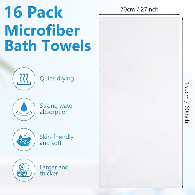 SmoothNovelty 16 Pack Microfiber Bath Towels Bulk 27'' x 60'' Oversized Beach Towel Highly Absorbent Extra Large Soft Drying for Shower Pool Salon Sauna Bathroom Gym Party (Simple,White) - Image 2