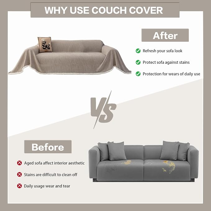 DREAMINGO Striped Chenille Couch Cover Blanket Washable Furniture Protector for Pets/Kids Farmhouse Modern Style Decorative Sofa Throw Cover for Living Room, Pom Pom Trim, Light Grey, 71"x118" - Image 5