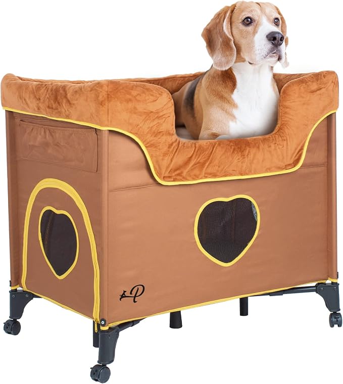 Petique Bedside Lounge Pet Bed, Bunk Bed for Medium Size Pets, Raised Lounge Bed for Cats & Dogs, Lion’s Den Design,Brown, 39.0"L x 22.5"W x 33.5"Th by Petique