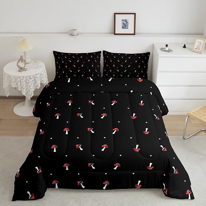 Cute Mushroom Kawaii Comforter Set Queen Kid Cartoon Bedding Set Red Mushroom Duvet Set Farmhouse Botanical Reversible Quilt Set Lovely Natural Wild Plants Comforter Set For Bedroom Decor, Black by Erosebridal