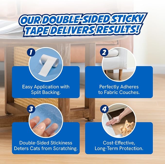 2 Rolls Cat Scratch Furniture Protector Tape – Double-Sided Sticky Training (4" x 20ft Each) – Anti-Scratch Sofa & Couch Guard – Clear, Easy to Apply & Remove – Not for Leather, Velvet, Microfiber - Image 3