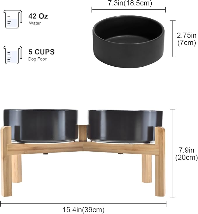 SPUNKYJUNKY Elevated Dog Bowls Ceramic, 7.3'' Dogs Food Water Bowls Raised with Non-Slip Bamboo Stand for Medium to Large Sized Breed Microwave Dishwasher Safe - 42 OZ,Black - Image 2