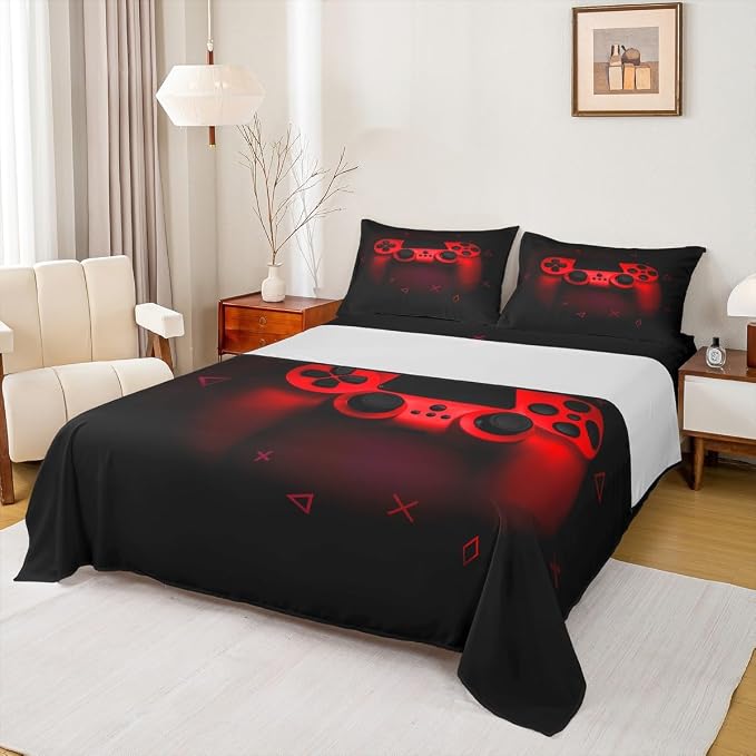 Gamer Bedding Set for Boys - Full Gaming Sheet Set with Red Gamepad Design, Black Cool Retro Gaming Flat Sheet and Pillowcase by Erosebridal