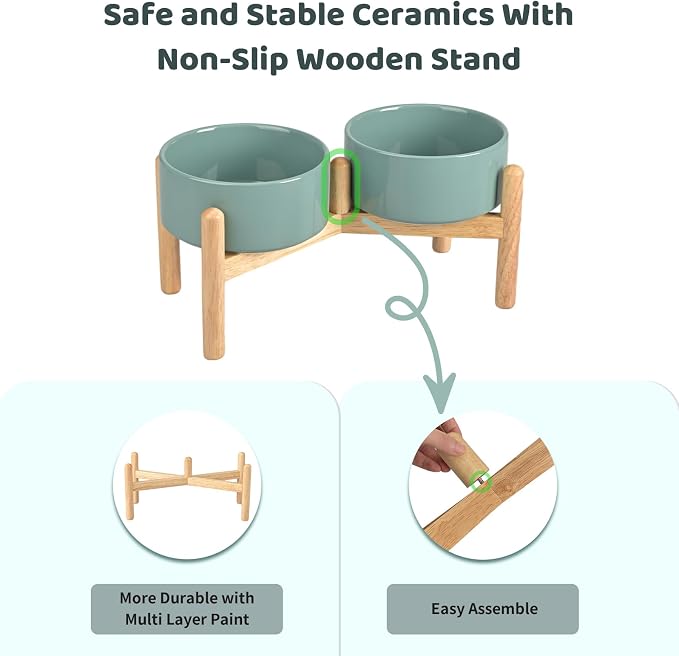 SPUNKYJUNKY Ceramics Elevated Dog Feeding Stand with Wooden Base - Double 60oz Bowls for Medium Large Dogs (Dark Green) - Image 4
