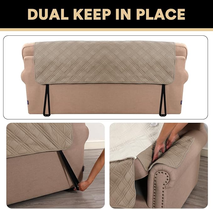 PrinceDeco 100% Waterproof Loveseat Covers for 2 Cushion Couch Sofa Covers Waterproof and Washable Sofa Slipcover with Side Pocket Furniture Protector with Elastic Straps(Loveseat 48", Taupe) - Image 5