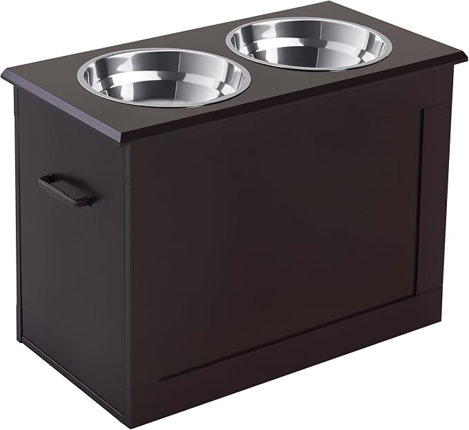 PawHut Raised Pet Feeding Storage Station with 2 Stainless Steel Bowls Base for Large Dogs and Other Large Pets, Coffee | with2 Stainless Steel Bowls Base for Other Large Pets by PawHut