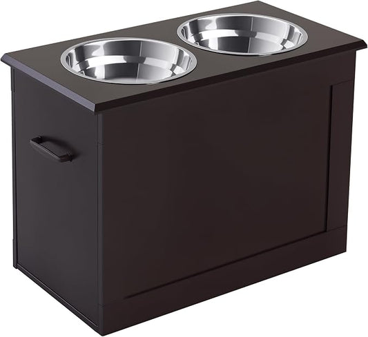 PawHut Raised Pet Feeding Storage Station with 2 Stainless Steel Bowls Base for Large Dogs and Other Large Pets, Coffee | with2 Stainless Steel Bowls Base for Other Large Pets by PawHut