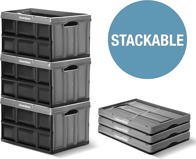 CleverMade Collapsible Storage Bins, 46L, 3 Pack, Ocean | Each bin supports 75 lb for groceries, tools, or gear. Interlocking bases stack securely, and the bins fold to 2.75 inches. - Image 6