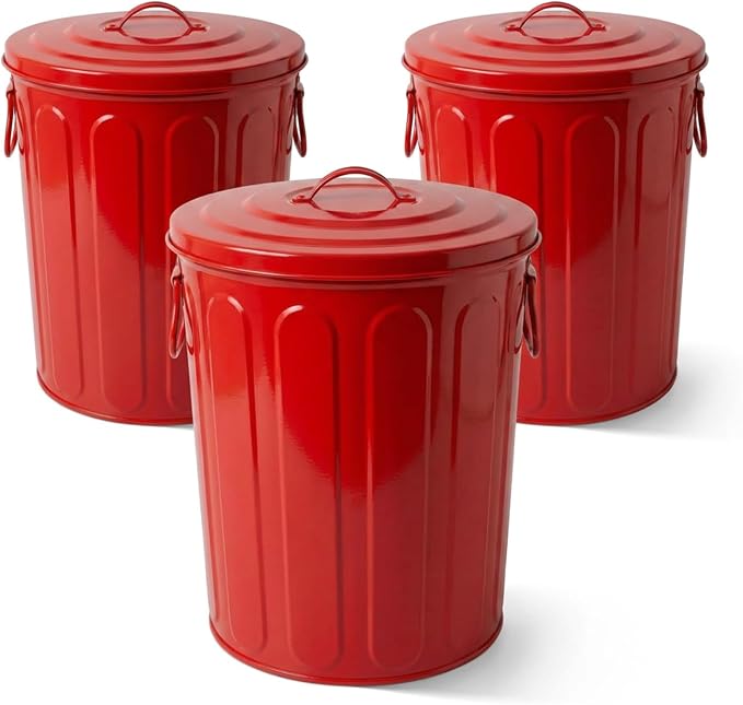 Plexon 5 Gallon Small Metal Trash Can with Lid Outdoor Galvanized Steel Bucket with Lid 5 Gal Storage Can for Dog Food Bird Seed Storage Container, Red 3 Pack by Plexon
