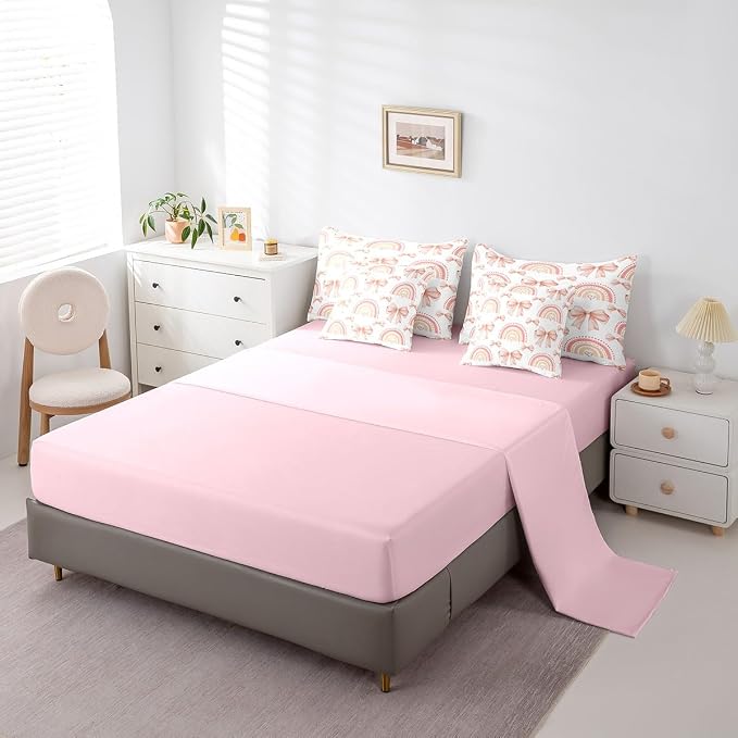 Erosebridal 7 Piece Rainbow Bowknot Bedding Set for Teens,Dreamy Princess Style Kids Girls Comforter Set Queen Bed in a Bag,Romantic Valentine Day Sheet Set,Bow Tie Heart Shaped Duvet Insert - Image 4