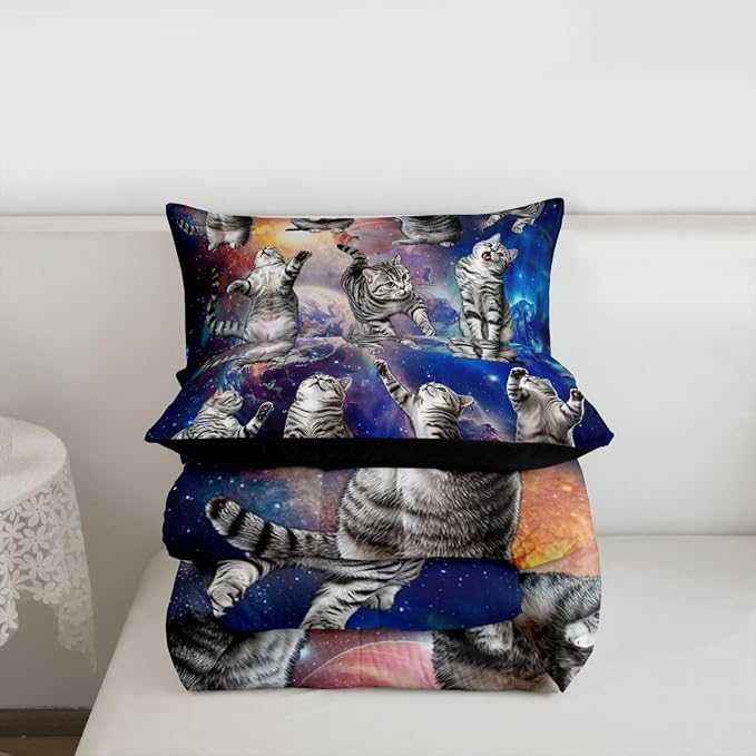Feelyou Cute Cat Comforter Set Galaxy Cats Pattern Bedding Set for Kids Boys Girls 3D Animal Outer Space Comforter Feline Animal Grey Blue Decor Quilt Set Bedroom Collection 2Pcs Twin Size - Image 3