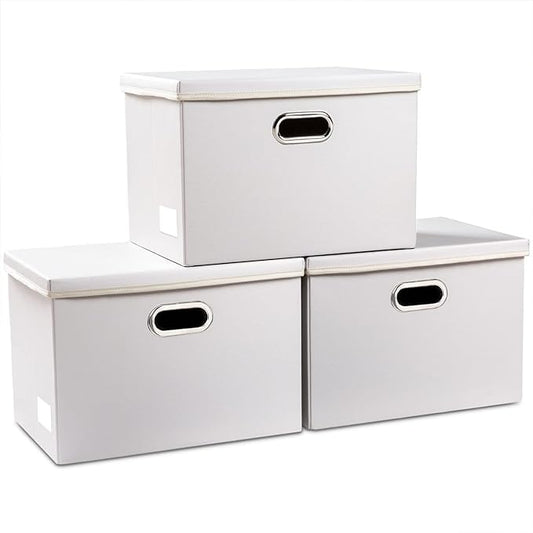 PRANDOM Large Stackable Storage Bins with Lids [3-Pack] Leather Fabric Foldable Storage Boxes Organizer Containers Baskets Cube with Cover for Bedroom Closet Office Nursery White (17.7x11.8x11.8) by Prandom