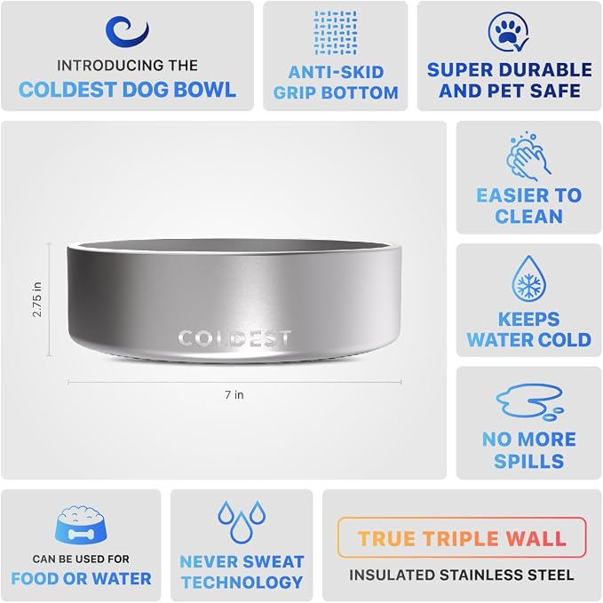 Coldest Dog Bowl - Anti Rust Metal, Non Slip, 3 Layers Insulated Stainless Steel Dog Bowls - Spill Proof & Heavy Duty - Water Bowl for Dogs, Cats, Dish Washer Safe (42 oz, Polished Stainless Steel) - Image 5