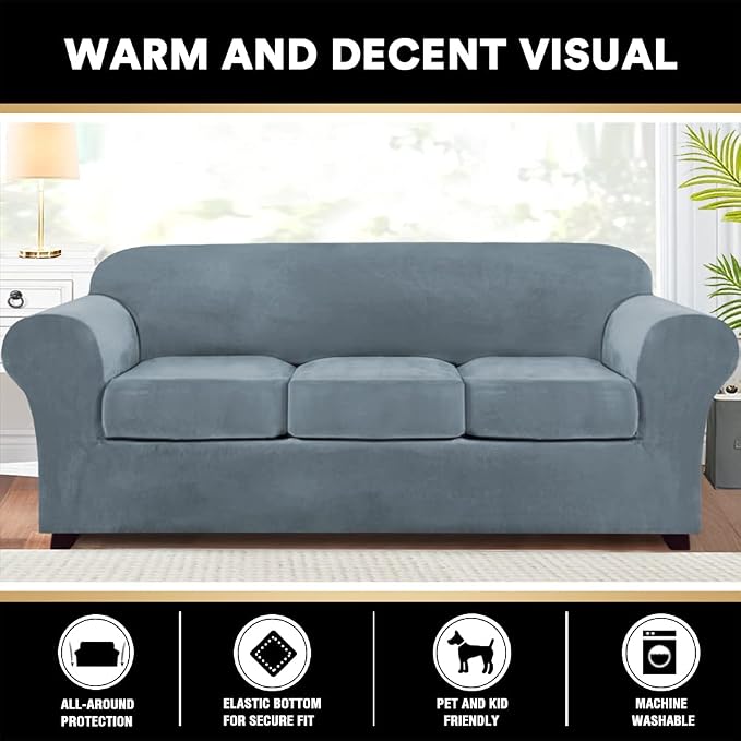 PrinceDeco Velvet Couch Covers for Sofa Soft 4 Pieces Couch Covers for 3 Cushion Couch Sofa Pet Friendly Furniture Protector with Non Slip Elastic Bottom Width Up to 90 Inch(Large, Stone Blue) - Image 6