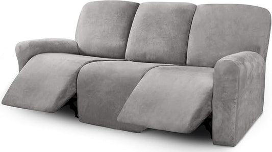 ULTICOR Velvet 8-Pieces Recliner Sofa Covers Stretch Reclining Couch Covers for 3 Cushion Reclining Sofa Slipcovers Furniture Covers Thick Soft Washable (3 Seater Recliner Cover, Light Grey) by ULTICOR