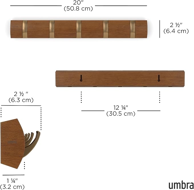 Umbra Flip Coat Rack, Wall Mounted 5-Hook Space Saving, Walnut/Gold | Real wood and steel build, retractable hooks fold flat, holds coats bags and scarves, easy install - Image 3