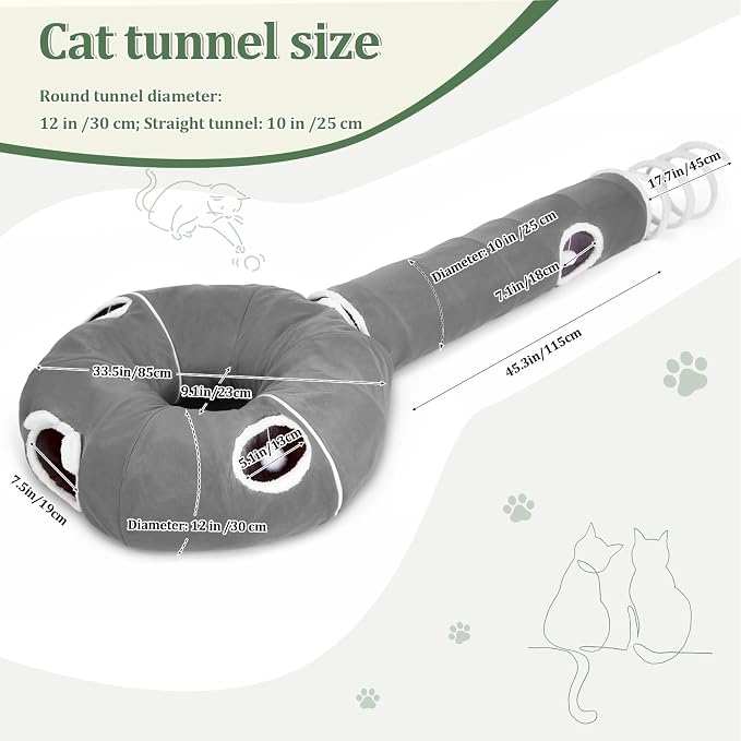 Ownpets 2-in-1 Cat Tunnel Large Lollipop 12" D Collapsible Cave Plush, Grey | Foldable Tunnel Bed, Fluffy Ball, Multi-Exit Maze, For Cats Kittens Puppies Rabbits, Soft Plush, Easy Store, Cozy Hiding Spot - Image 7