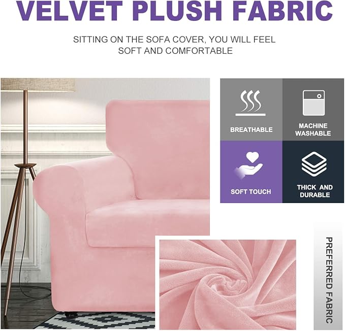 ZNSAYOTX Luxury Velvet Sofa Cover 3 Piece (57"-70") Stretch Loveseat Covers for 2 Cushion Couch Thick Soft Couch Slipcover with Non Slip Strap, Dog Pet Friendly Nice Furniture Protector (Rose) - Image 3