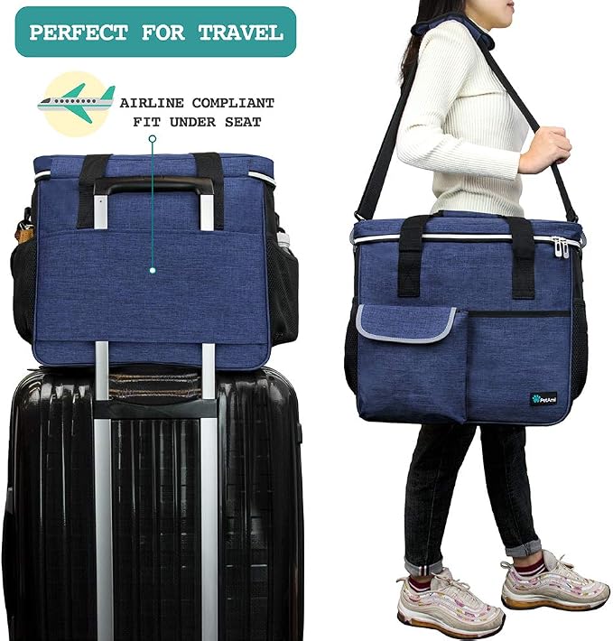 PetAmi Dog Travel Bag Organizer, Pet Travel Kit with 2 Food Containers & 2 Collapsible Dog Bowls, Pet Supplies Tote with Luggage Sleeve, Weekend Road Trip Camping Essentials, Navy Blue, Large - Image 5