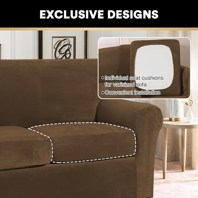 PrinceDeco Couch Cover Velvet Plush Sofa Covers for 2 Cushion Couch Width Up to 90 Inch Washable Furniture Protector Pet Friendly No Slip Sofa Slipcover(Medium-Large, Bronze Brown) - Image 5